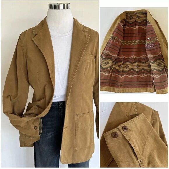 The Territory Ahead 3 Button Blazer Barn Jacket Mens Tan Aztec Lining Cotton XL - Picture 1 of 7